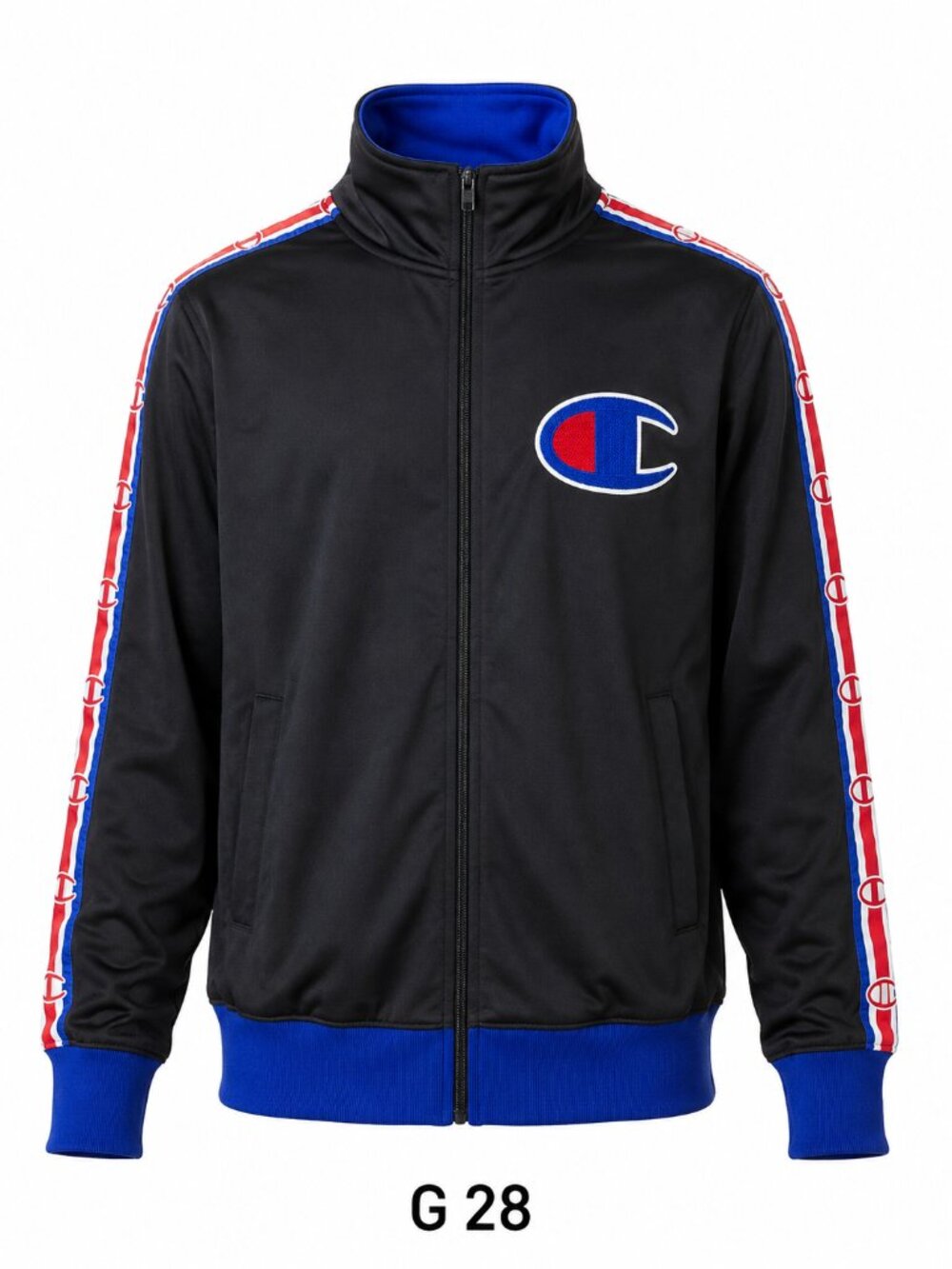 Champion Men’s XL Track Jacket Black Blue Red Logo Full Zip (G28)